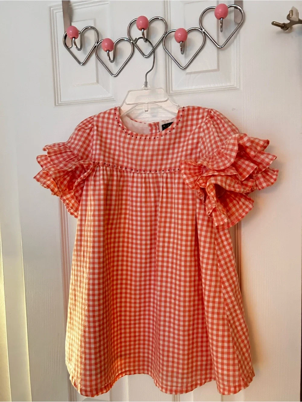 Velveteen Pink Gingham Ruffle-Sleeve Casual Dress